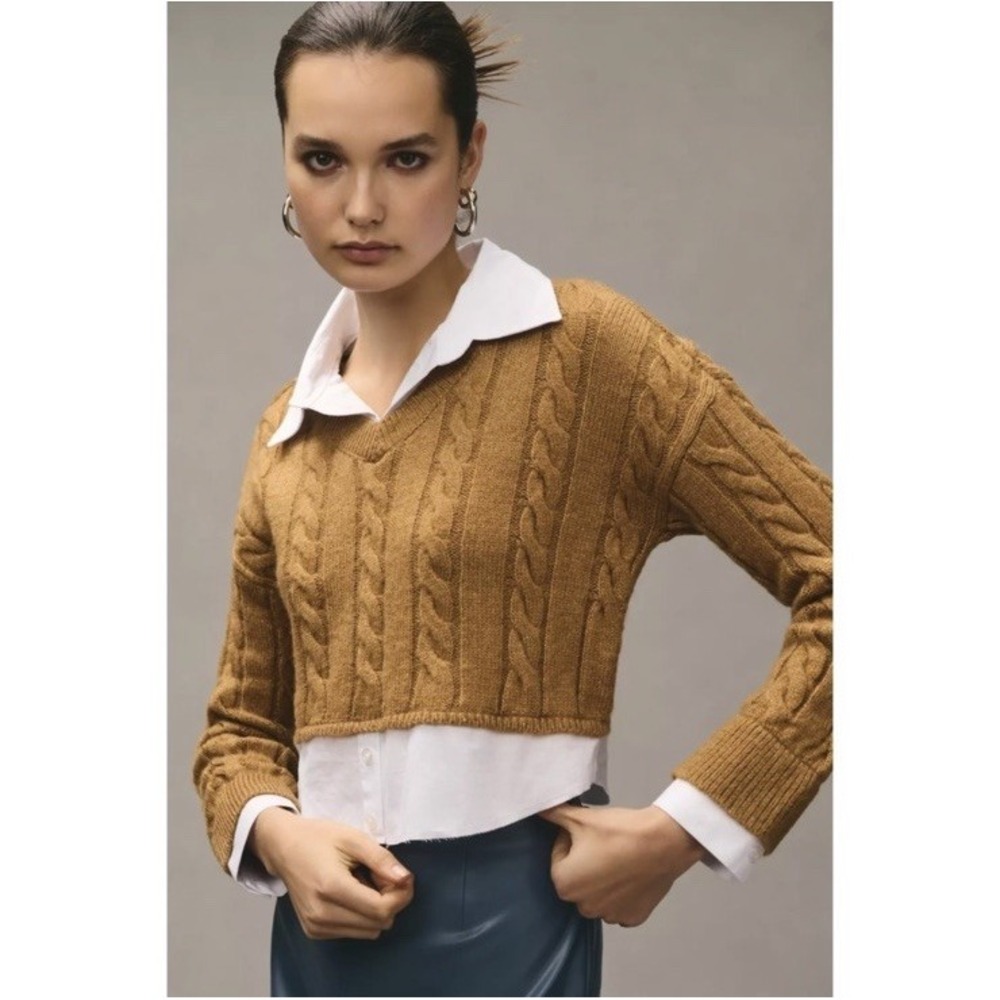 Anthropologie Pilcro Cropped Cable-Knit Twofer Sweater Women's XL Collar Overlay